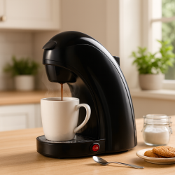 Cafetera eléctrica de 1 taza. Compacta, ideal para oficina o cocina pequeña.